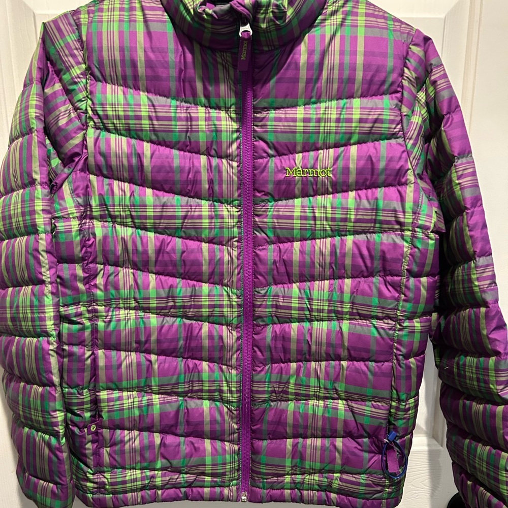 Marmot Kids Purple and Green Plaid Puffer Jacket